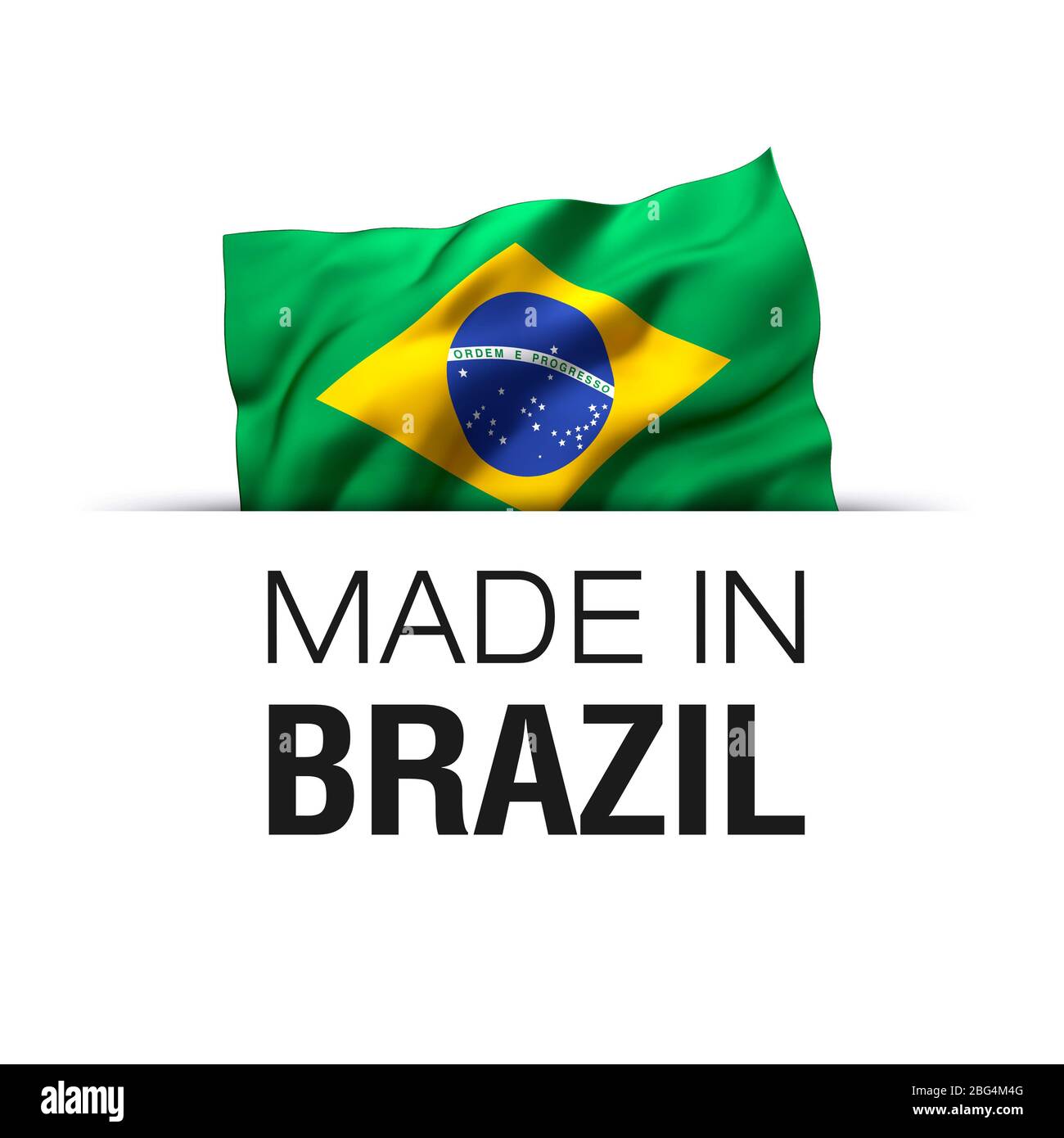 Made in Brazil - Guarantee label with a waving Brazilian flag. Stock Photo