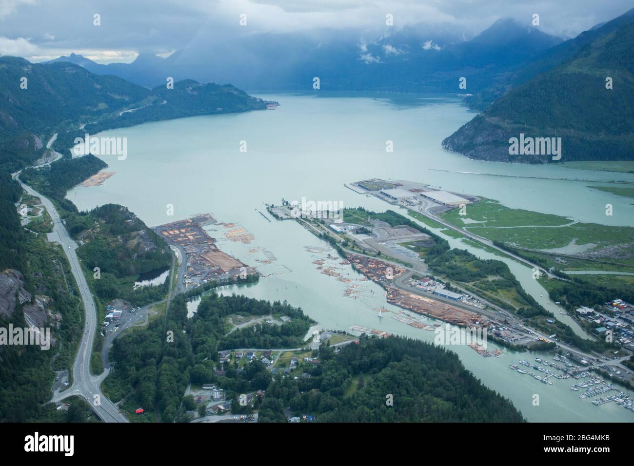 Aerial View of Squamish and the Sea to Sky Highway British Columbia Stock Photo