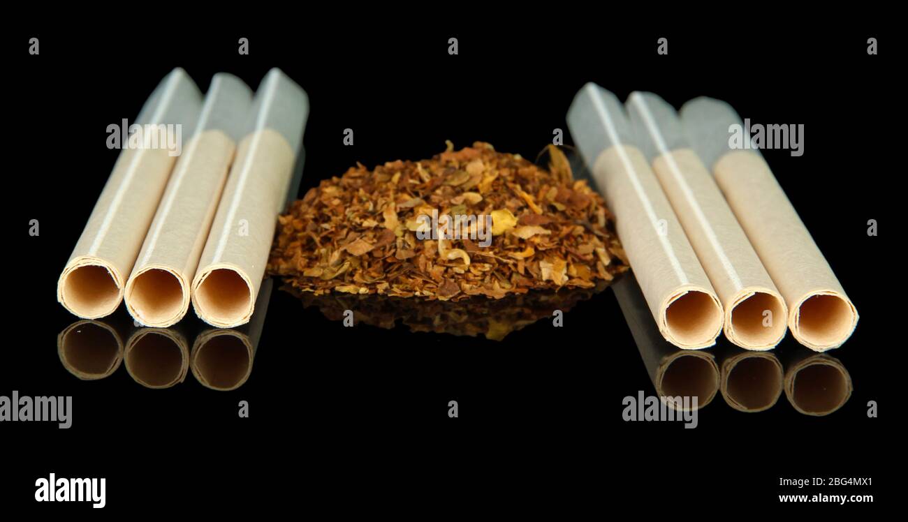 tubes and tobacco Tobacco and empty cigarette tubes, isolated on black Stock Photo