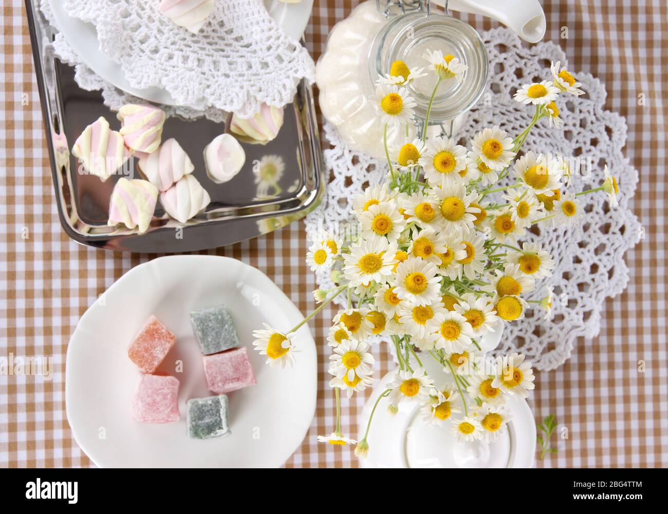 Table setting with chamomiles on checkered tablecloth Stock Photo