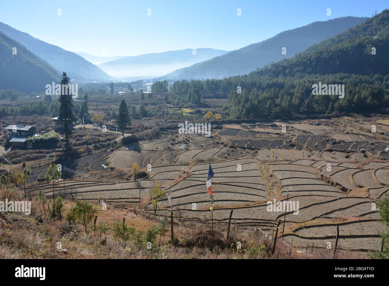 Views from Drukgyel Dzong, situated on a ridge in the upper Paro Valley, Bhutan Stock Photo