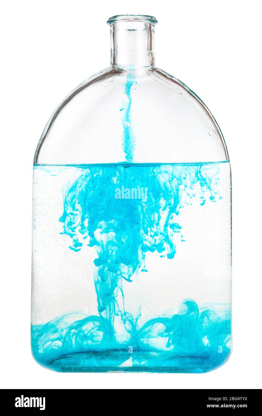 blue watercolour dissolves in water in glass flask isolated on white ...