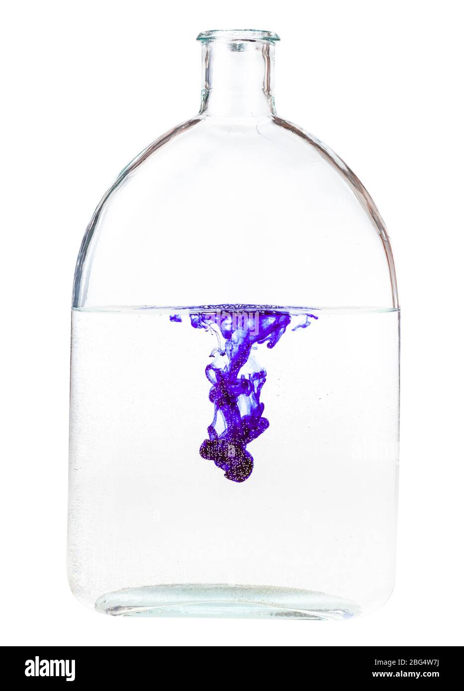 violet ink dissolves in water in glass flask isolated on white