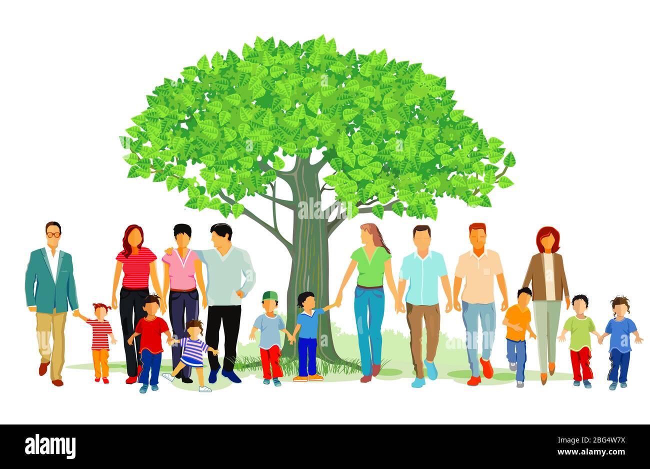 cheerful families group in nature, illustration Stock Vector