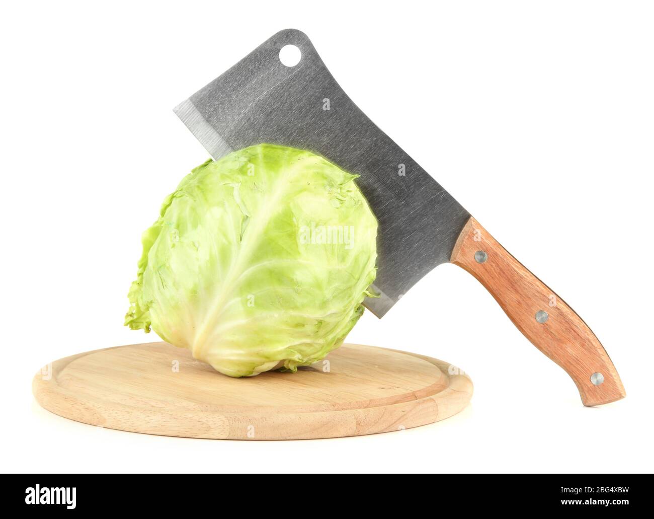 Green cabbage with knife on cutting board, isolated on white Stock
