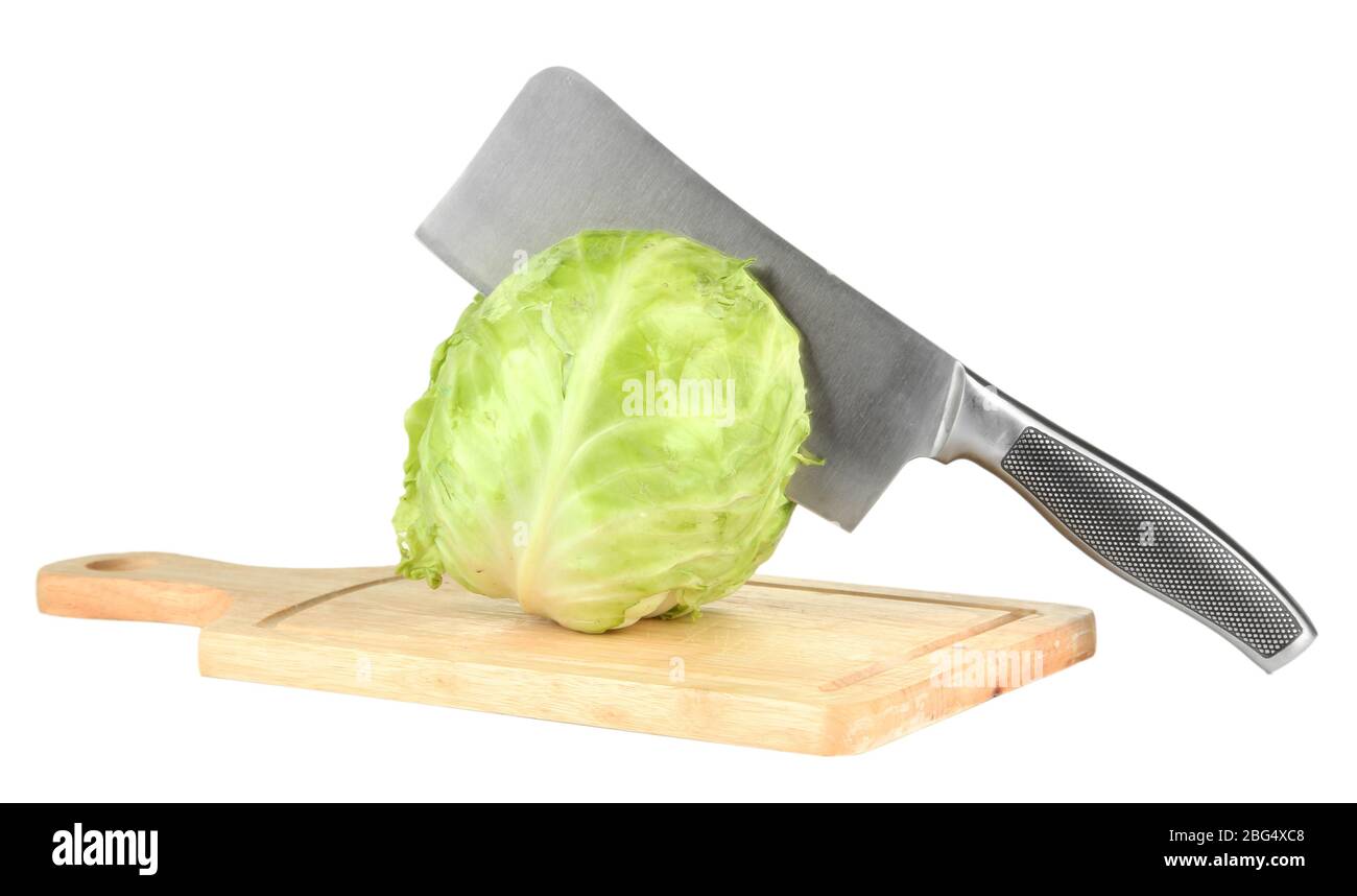 Green cabbage with knife on cutting board, isolated on white Stock