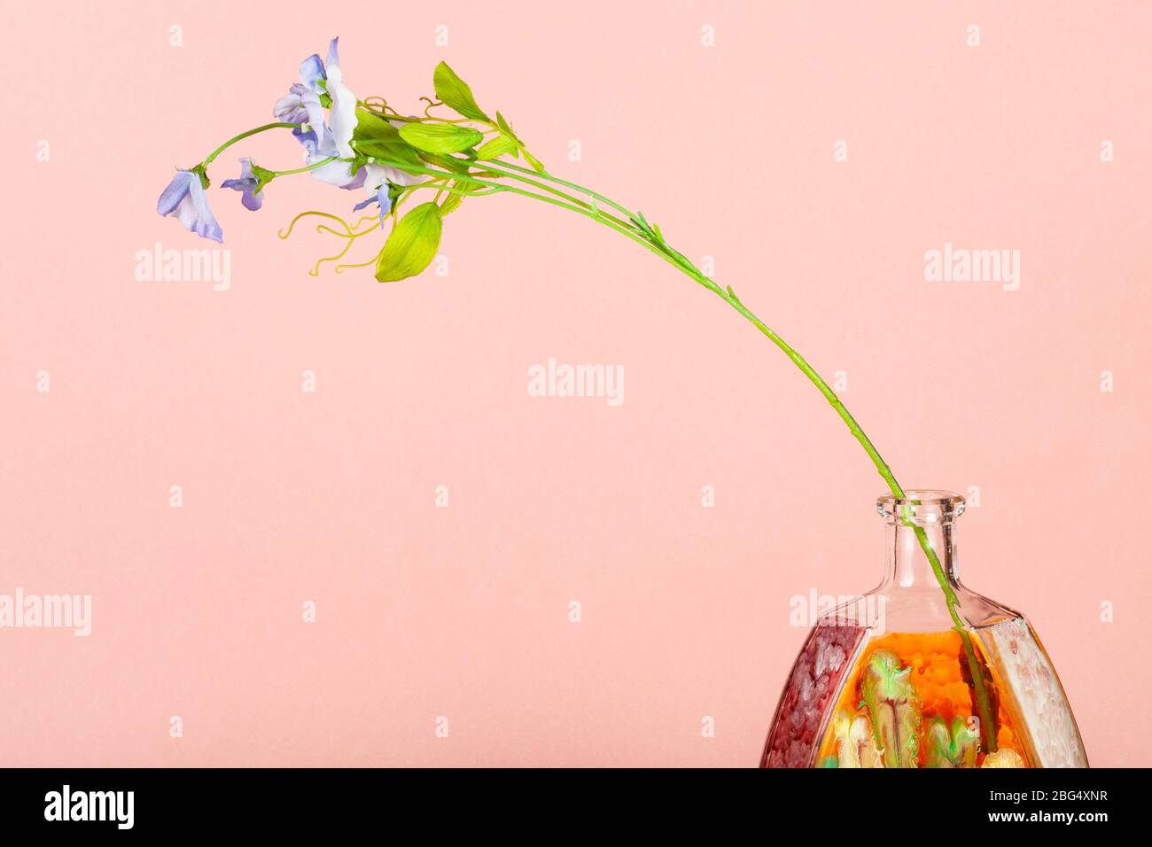 artificial flower in handpainted glass brandy bottle on peach pastel