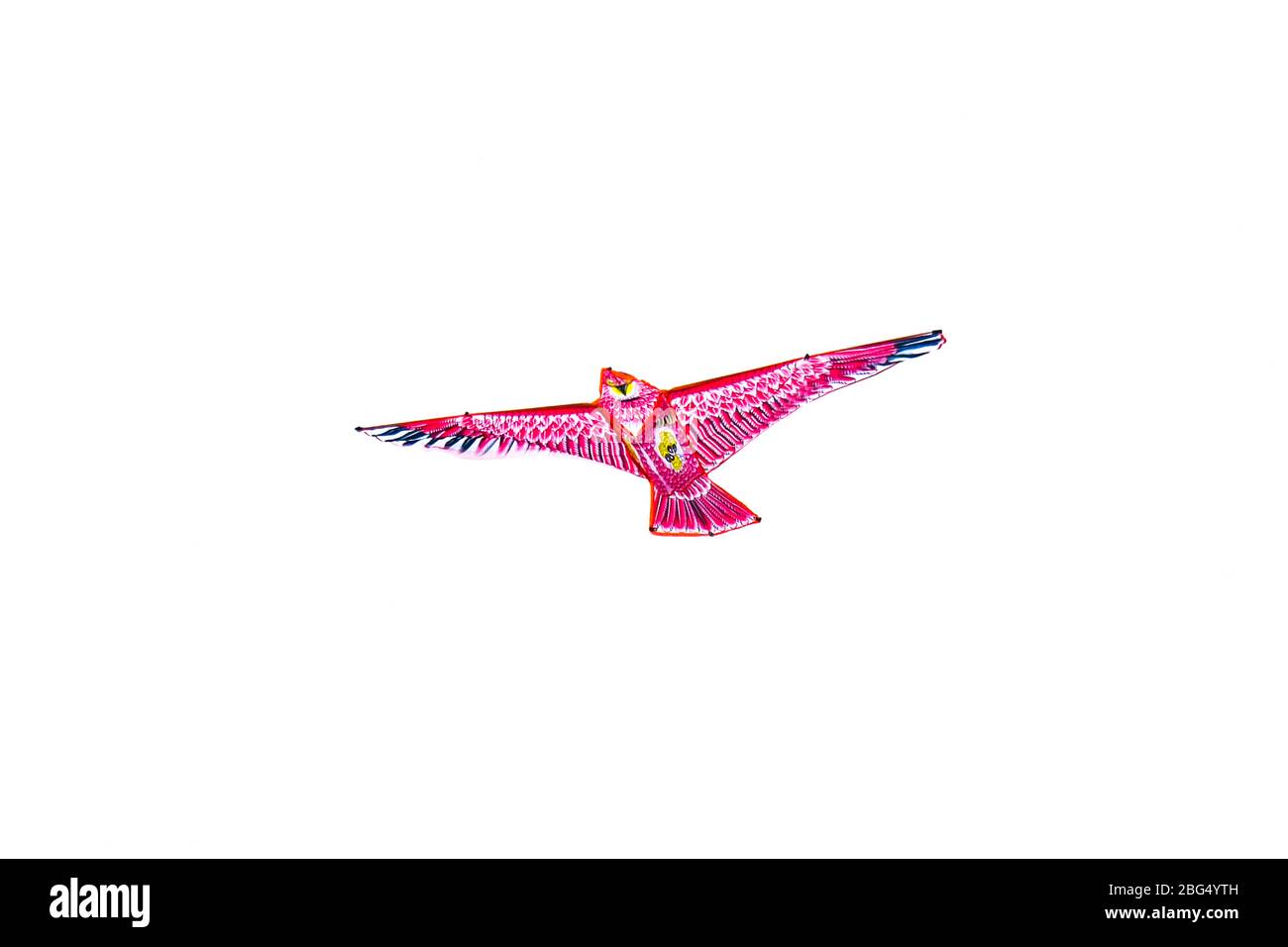 Pink colored big sized kite flying in the clear blue sky of a sea beach Stock Photo