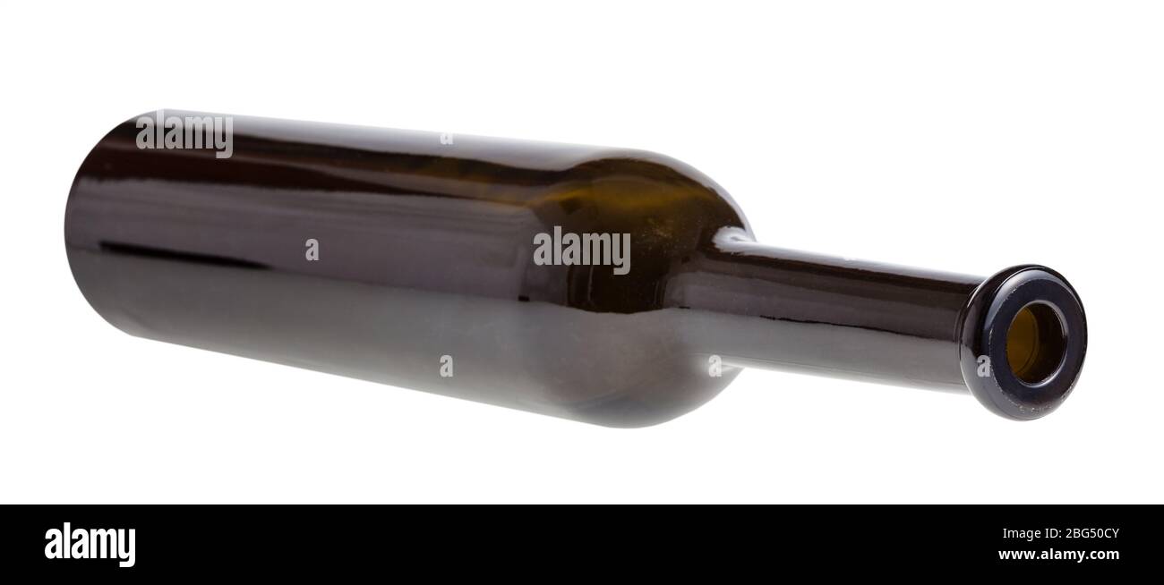 lying empty dark brown wine bottle isolated on white background Stock Photo