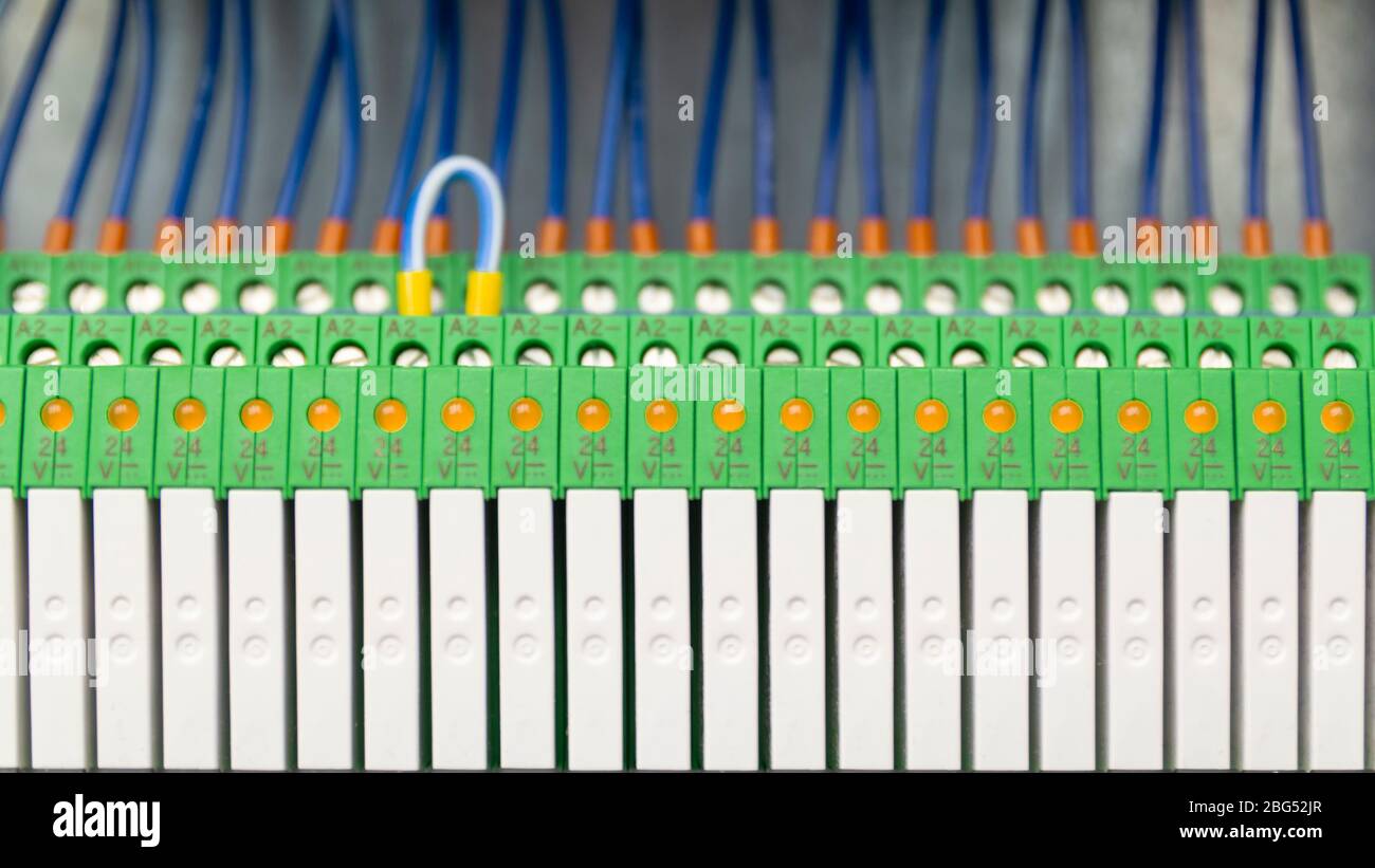 DC control relays magnetic relays in control cubicle.Terminal block ...