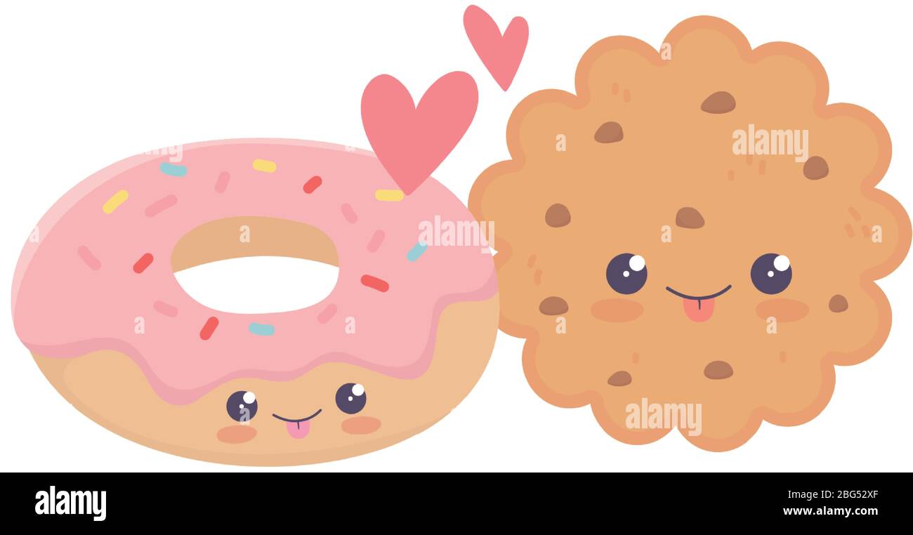 cute cookie and donut love hearts kawaii cartoon character vector illustration Stock Vector