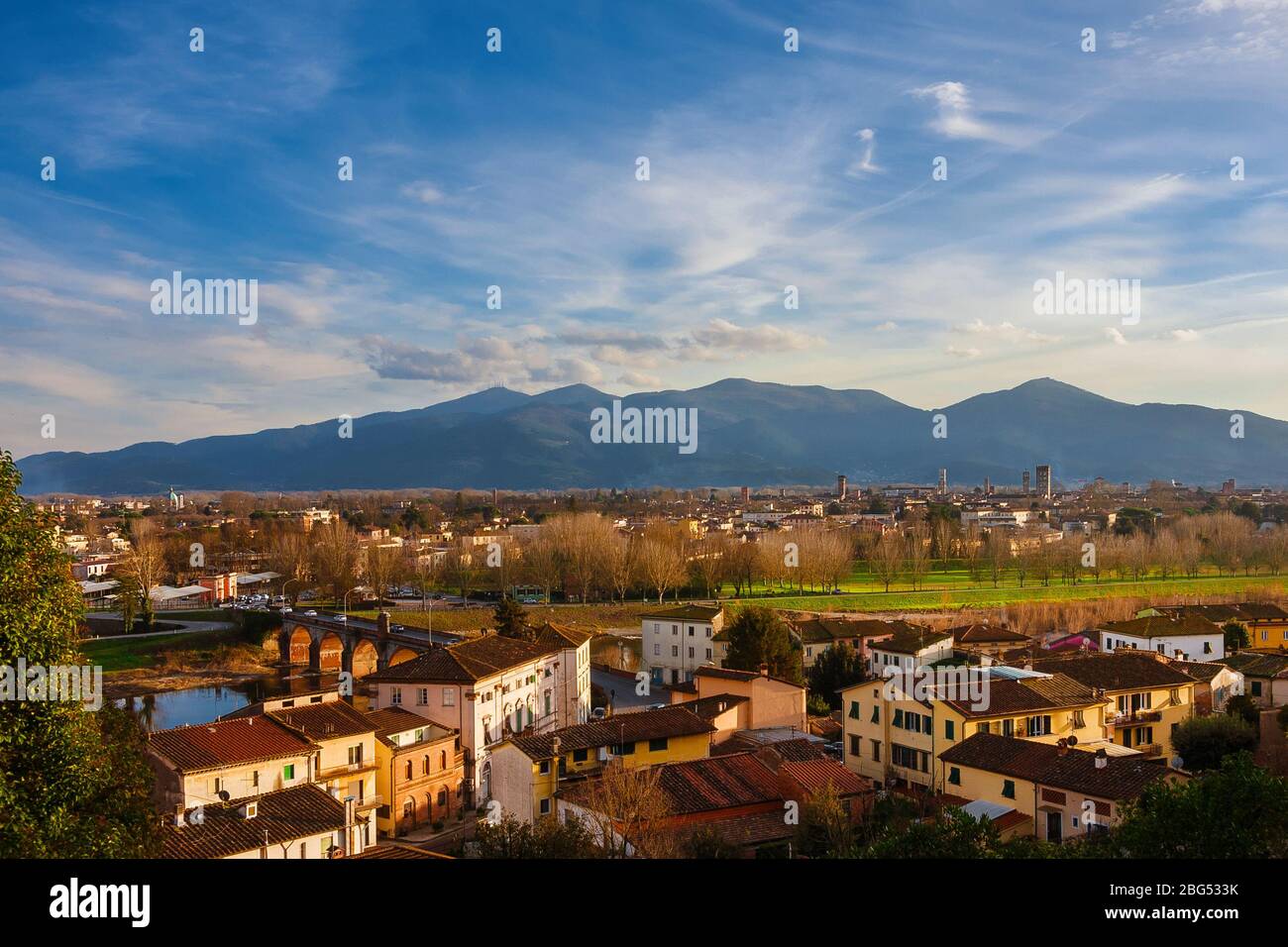 View of Lucca historic center with its famous medieval towers and River Serchio from Monte San Quirico panoramic terrace Stock Photo