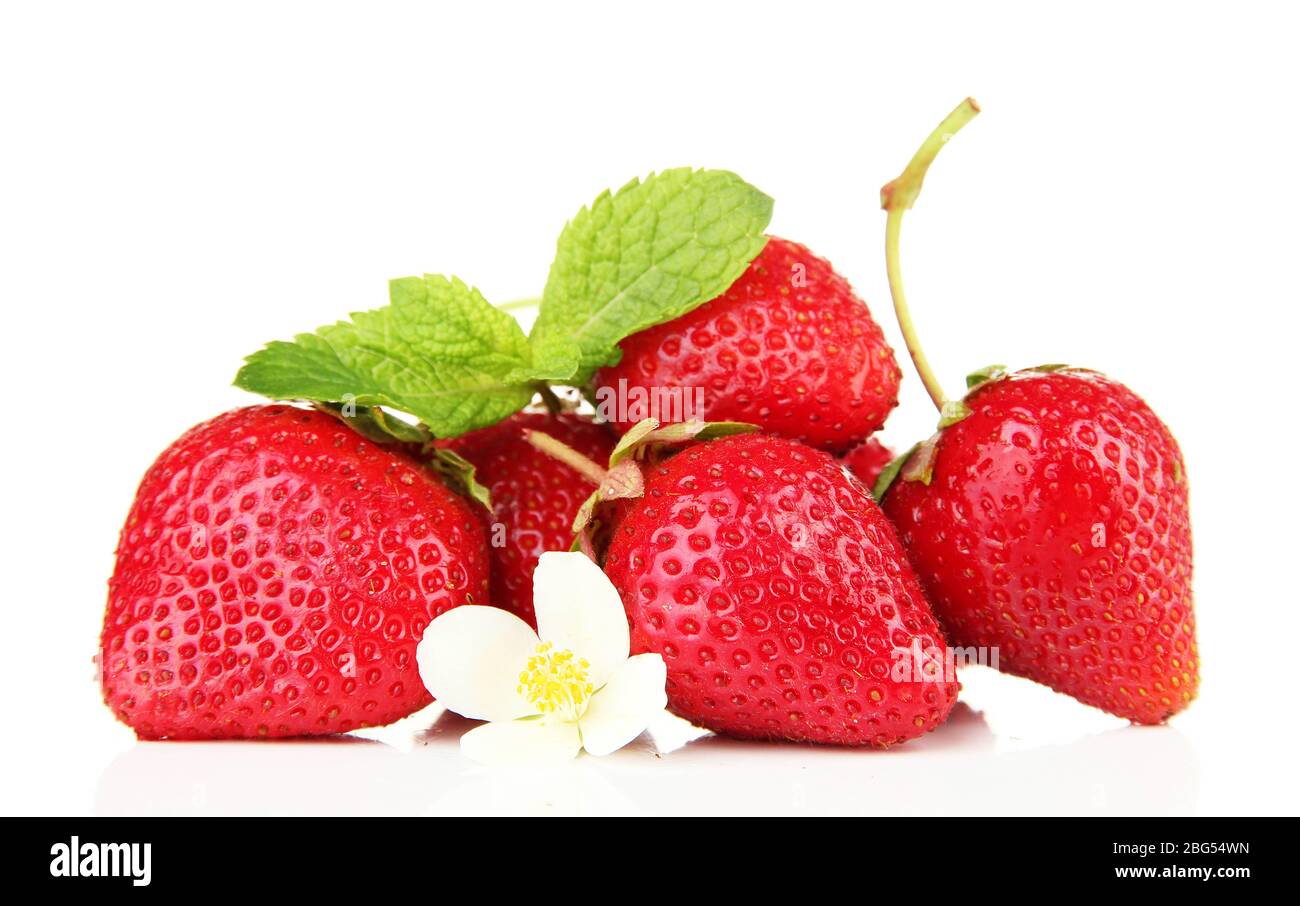 Ripe sweet strawberries and flower, isolated on white Stock Photo - Alamy