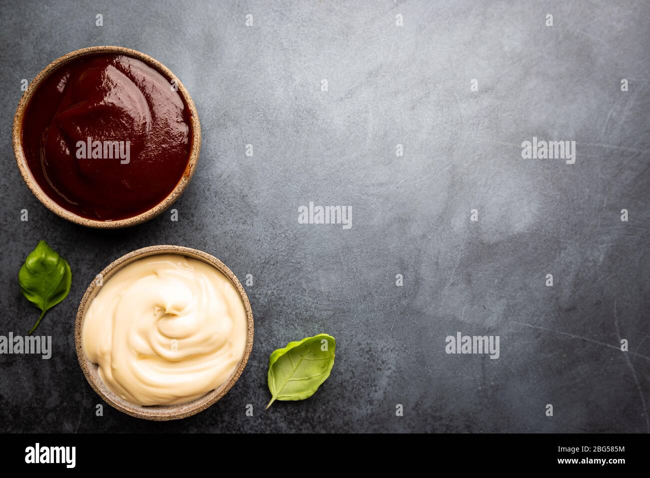 Classic set of sauces, American yellow mustard, ketchup, barbecue sauce