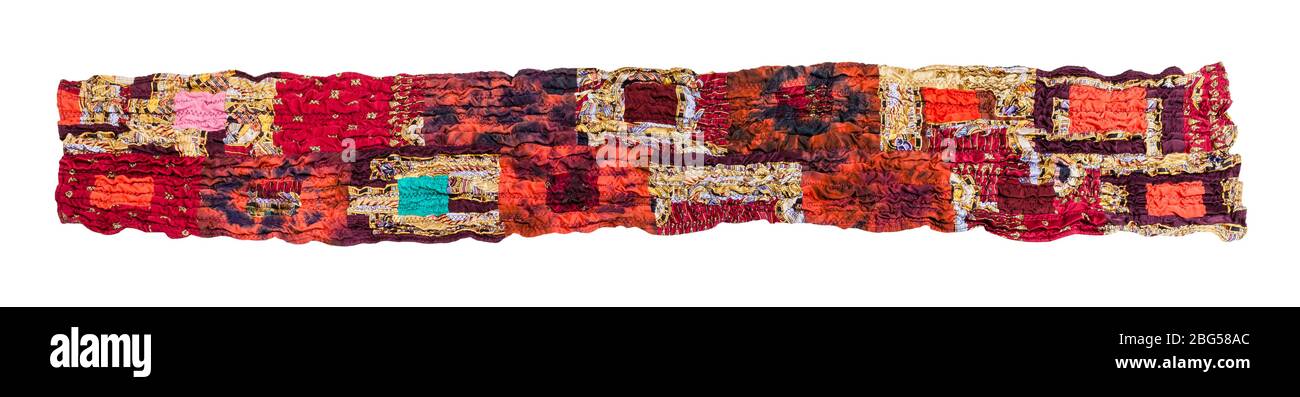 stitched red brown patchwork scarf isolated on white background Stock Photo