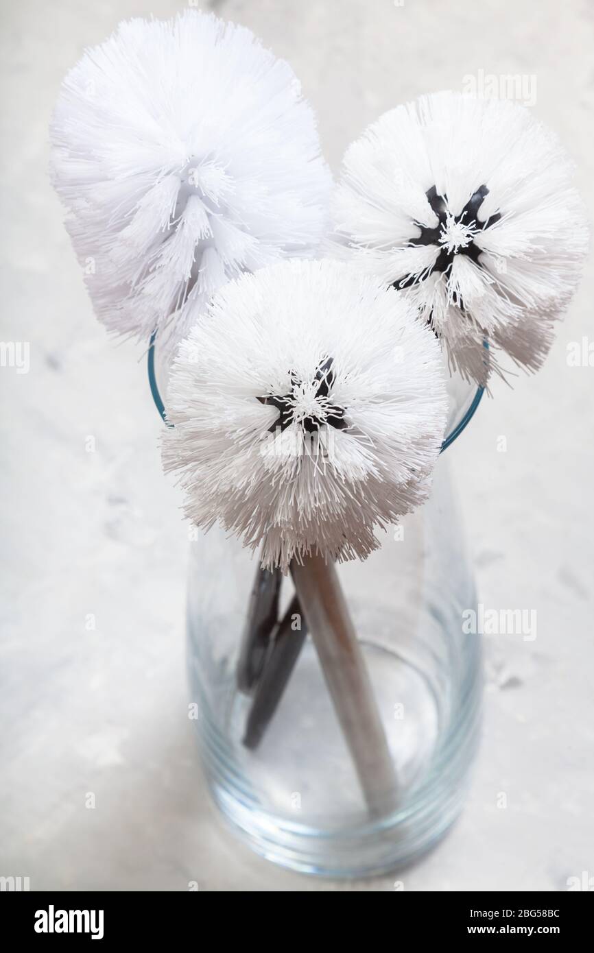sanitary stilllife bunch of toilet brushes in glass vase on concrete floor Stock Photo Alamy