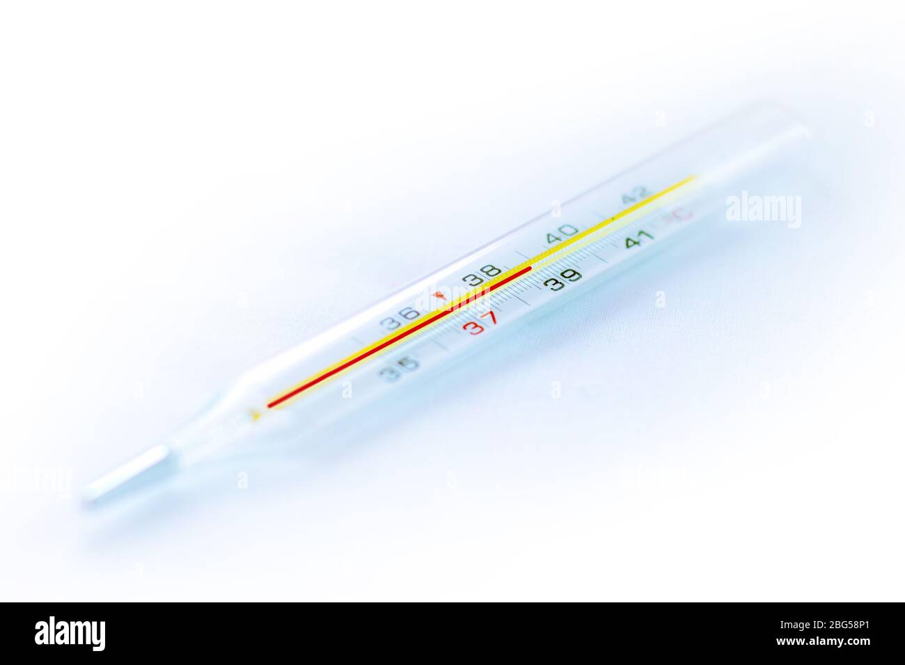 Human thermometer shows high temperature on white background. Coronavirus covid19 fever symptom