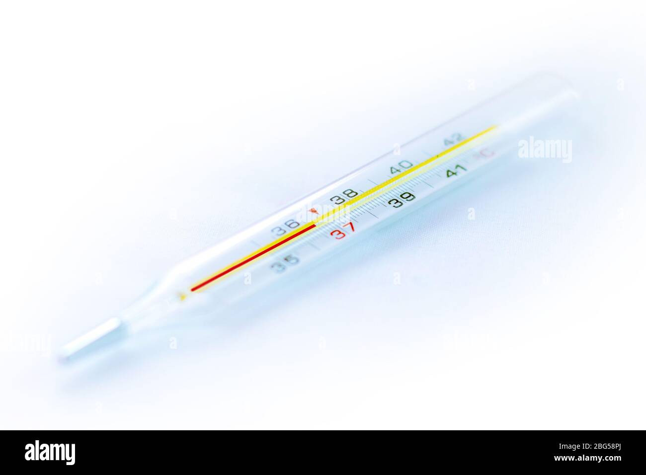 Thermometer shows normal human temperature on white background. People