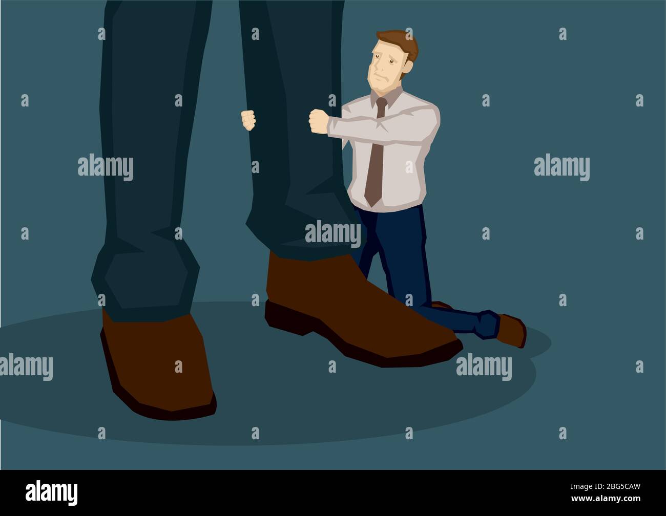 Sad cartoon man kneeling on the ground pulling the trousers on a pair of giant legs. Creative vector illustration on pleading concept isolated on gree Stock Vector