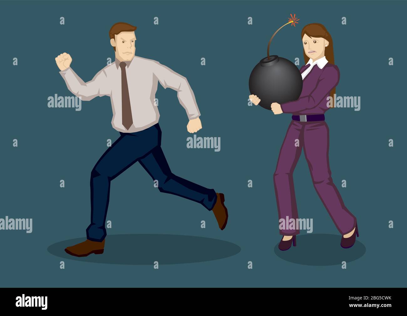 Business woman carrying a huge bomb and businessman running away from her. Cartoon vector illustration on concept of avoiding troubles and dangers in Stock Vector