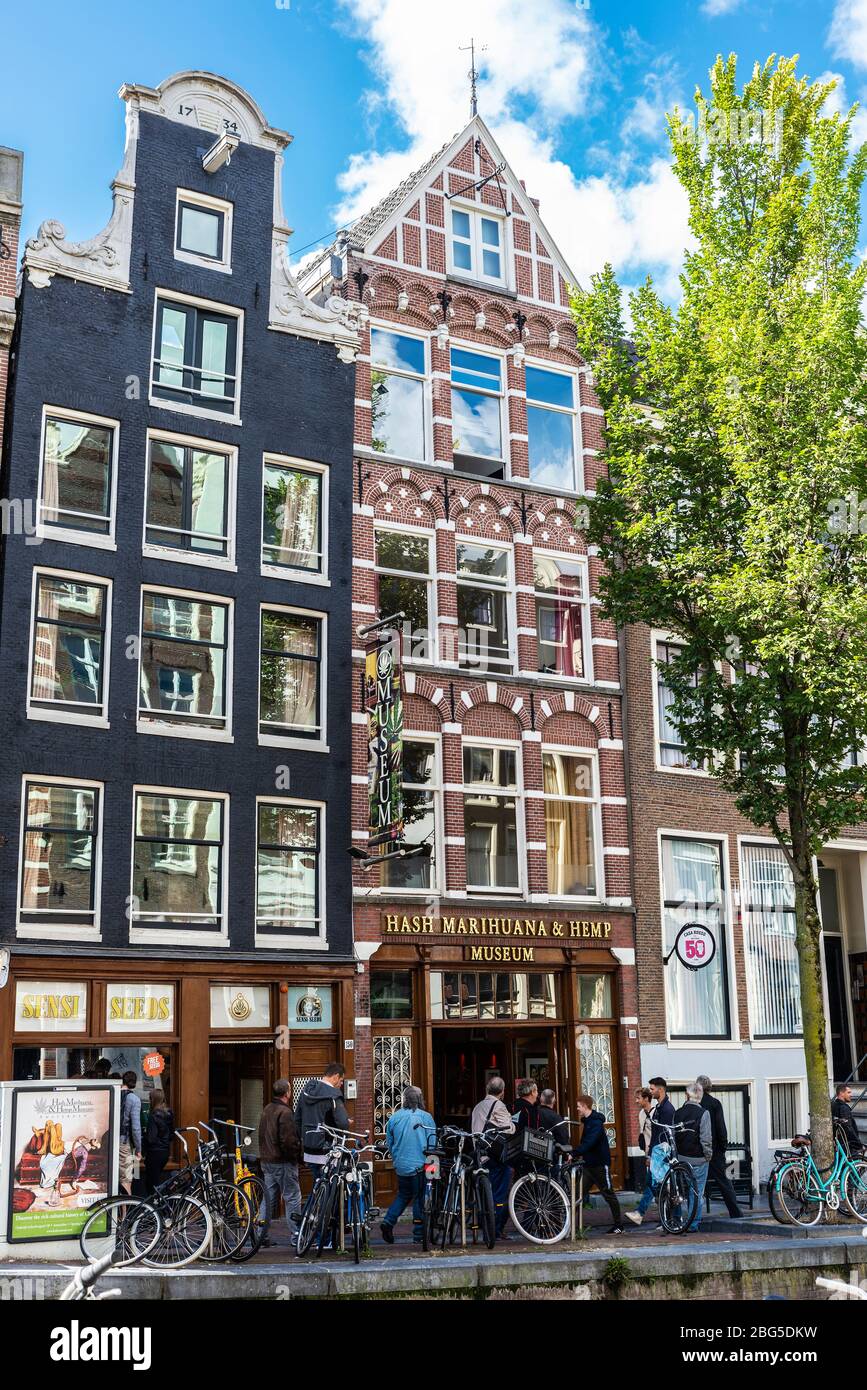 Amsterdam, Netherlands - September 7, 2018: Facade of the Hash Marihuana and Hemp Museum with people around in Amsterdam, Netherlands Stock Photo