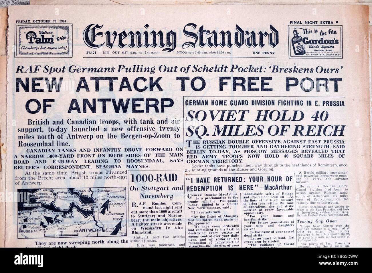 World War 2 WWII  British Evening Standard newspaper headline 'New Attack to Free Port of Antwerp' 20 October 1944 London England UK Stock Photo