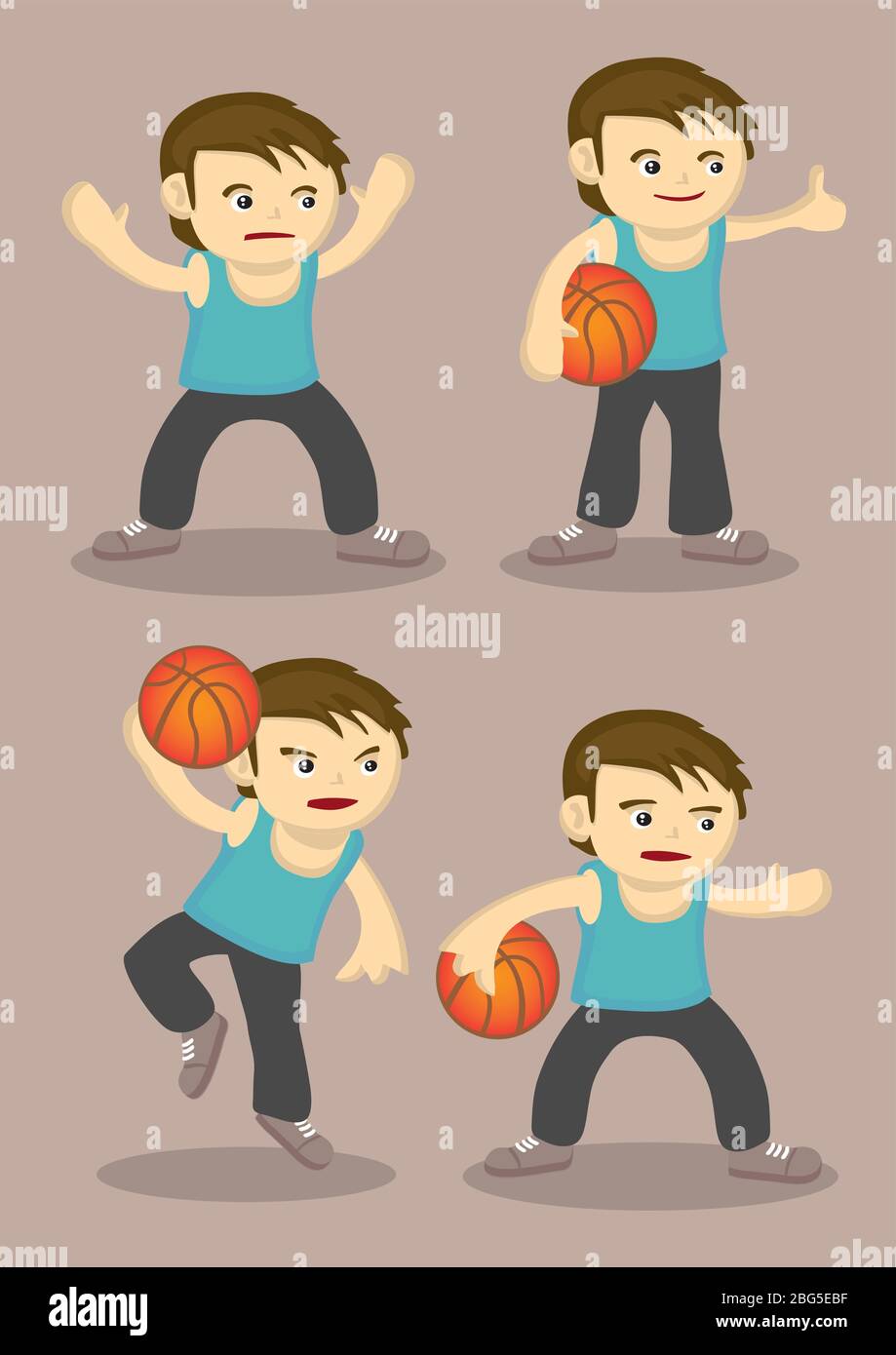 Vector cartoon of a young basketball player in four different poses Stock Vector