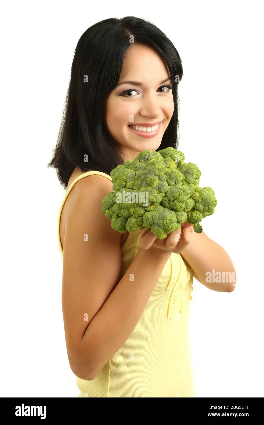 Girl with fresh broccoli isolated on white Stock Photo Alamy
