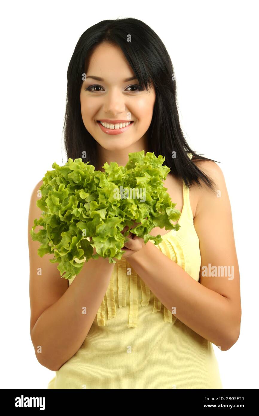 Girl with fresh salad isolated on white Stock Photo Alamy