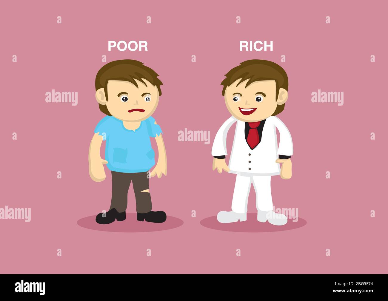 Vector illustration of a rich man dressed in classy white suit and a poor guy dressed in tattered clothes. Stock Vector