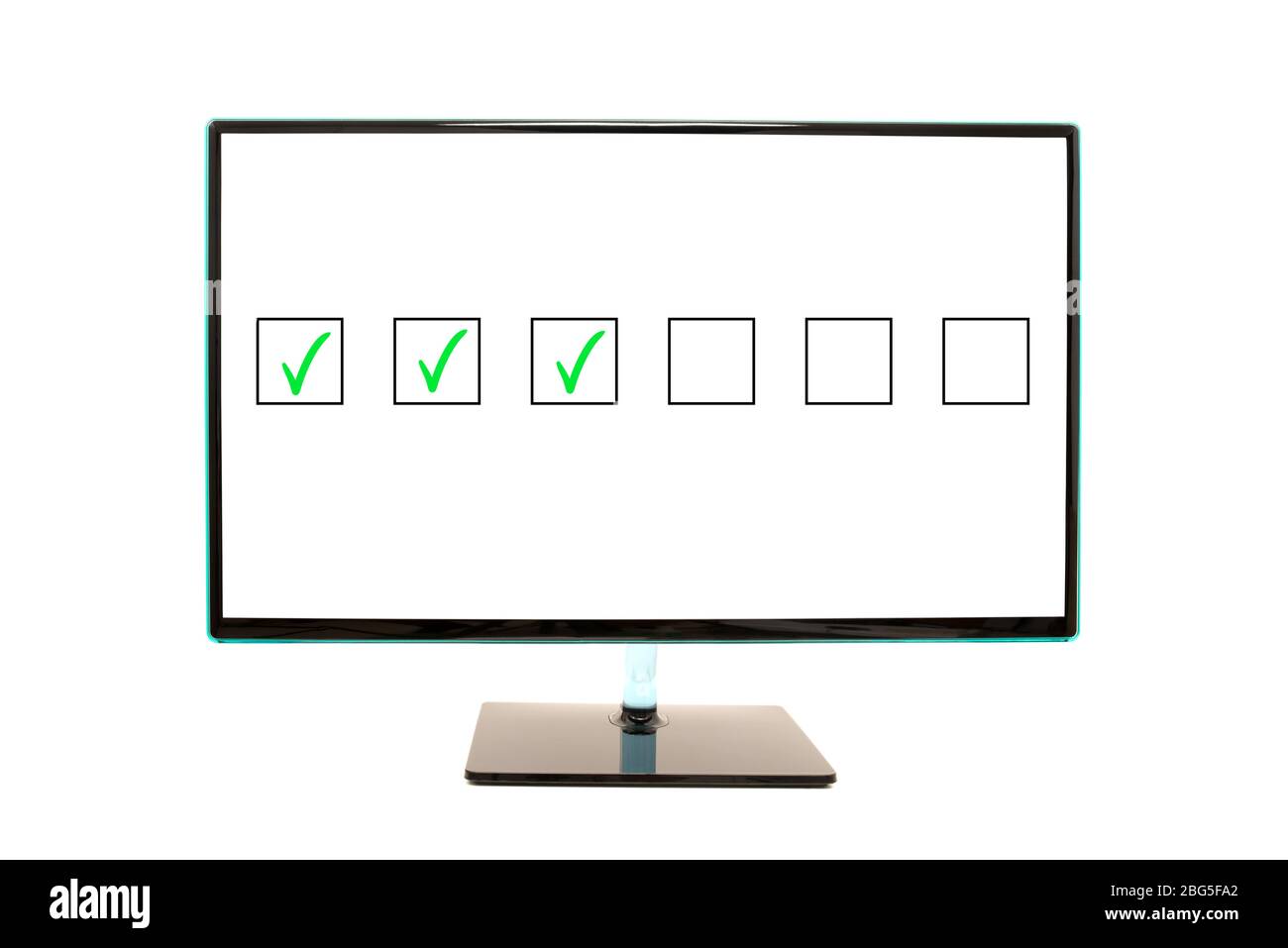 Flat Wide Monitor Screen on Stand Flashing Check Boxes. Stock Photo