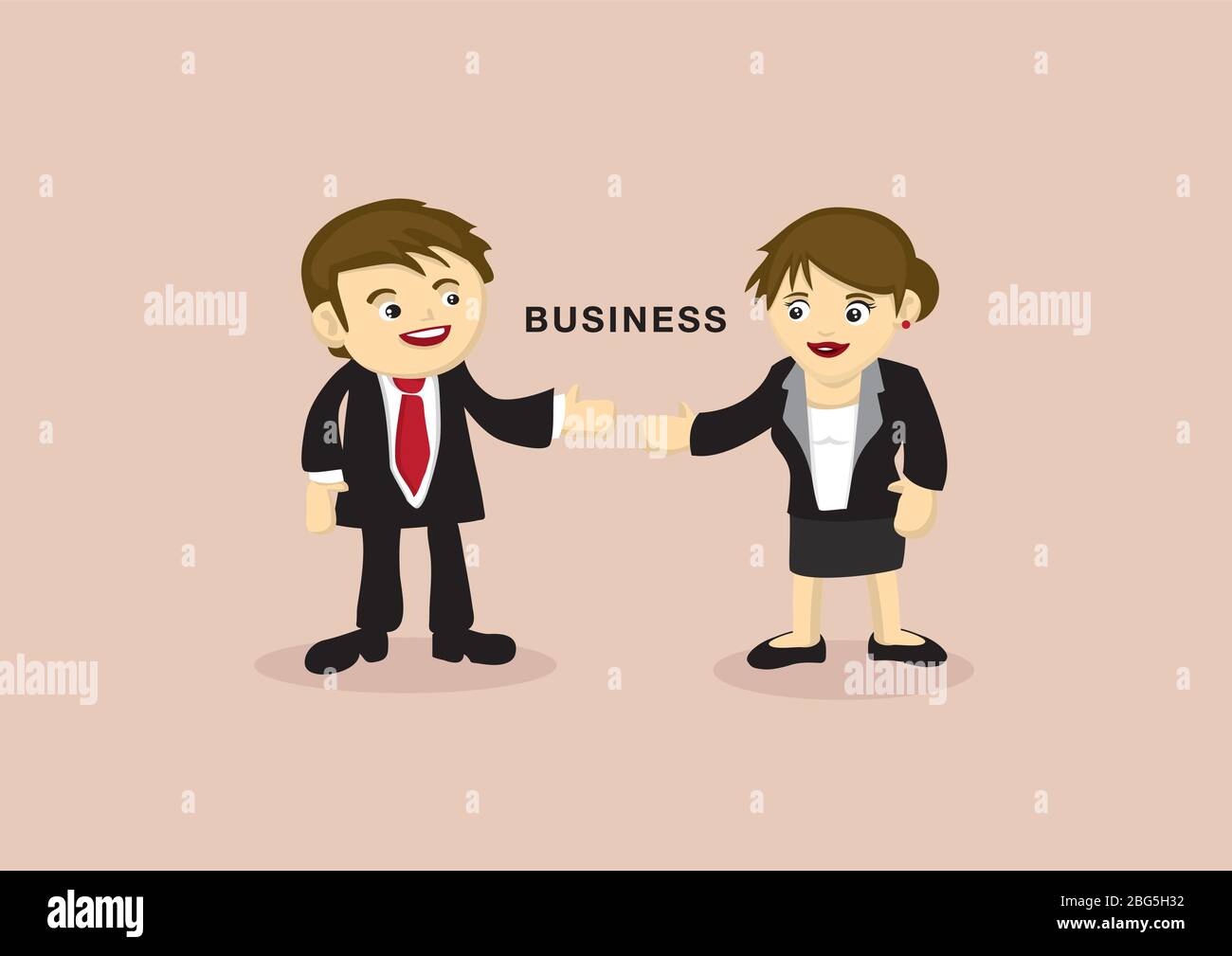 Cute cartoon business partners with eye contact and reaching out arms for presentation. Vector illustration isolated on plain background with copy spa Stock Vector