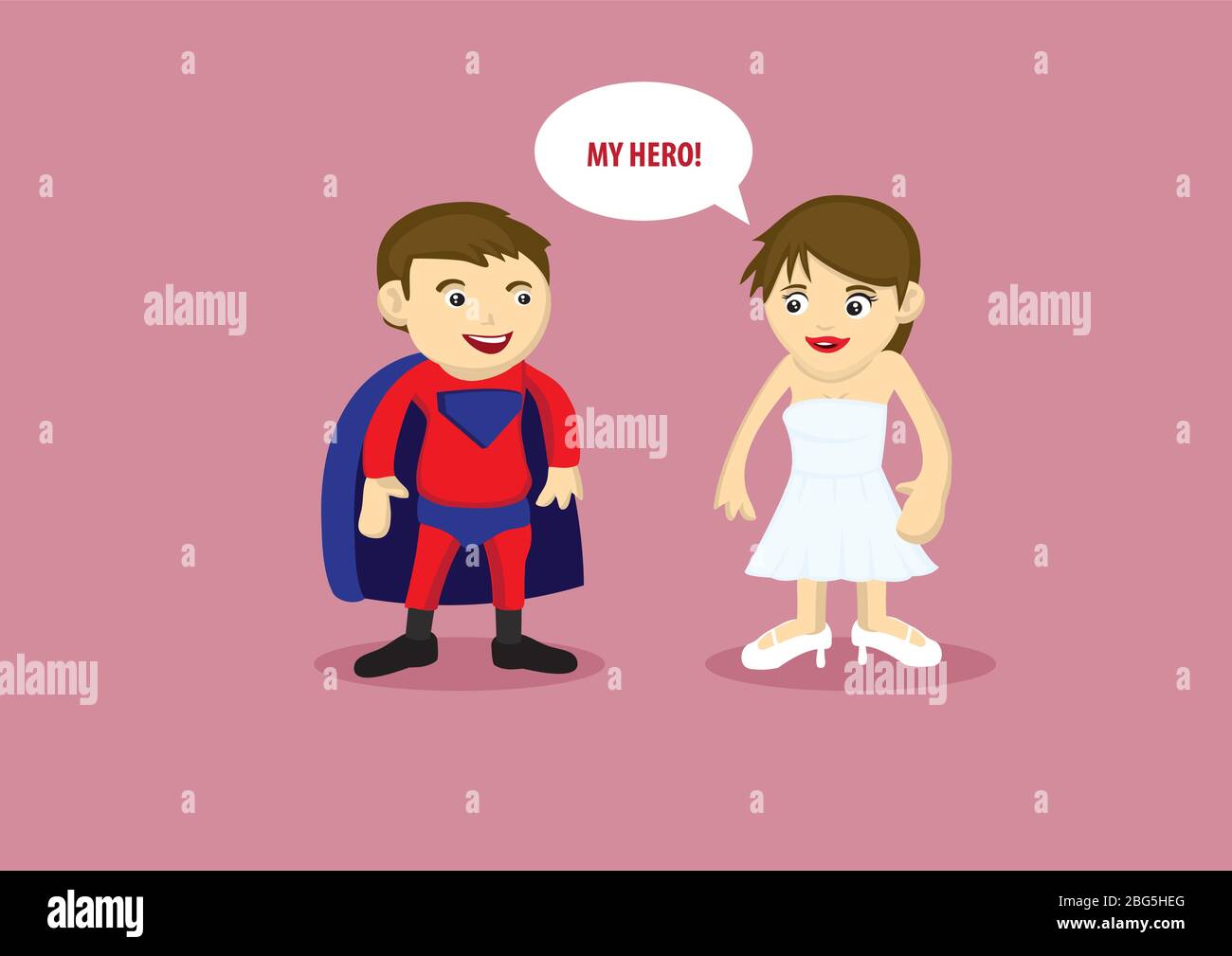 Vector illustration of a man in super hero costume with cape and a lady in white strapless dress and heels saying My Hero. Stock Vector