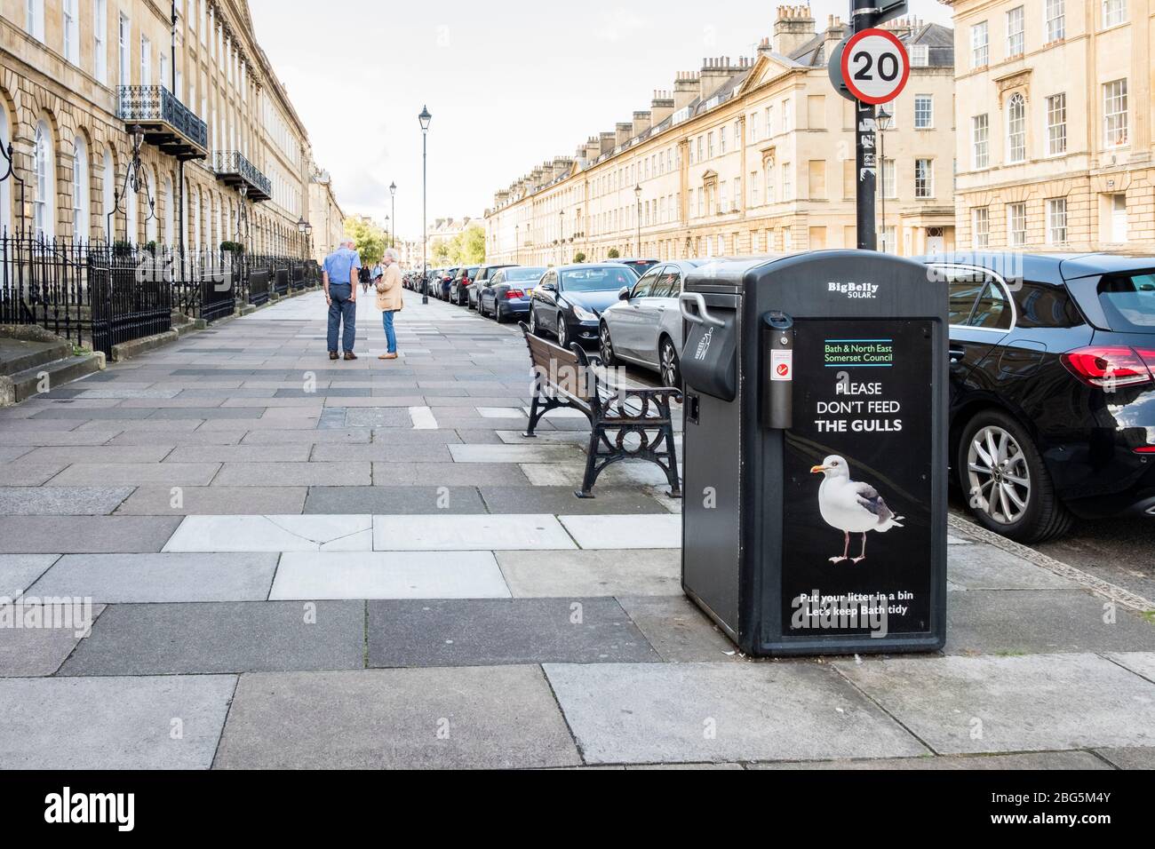 Solar powered compactor recycling bin, Great Pulteney Street, Bath, Somerset, England, GB, UK Stock Photo