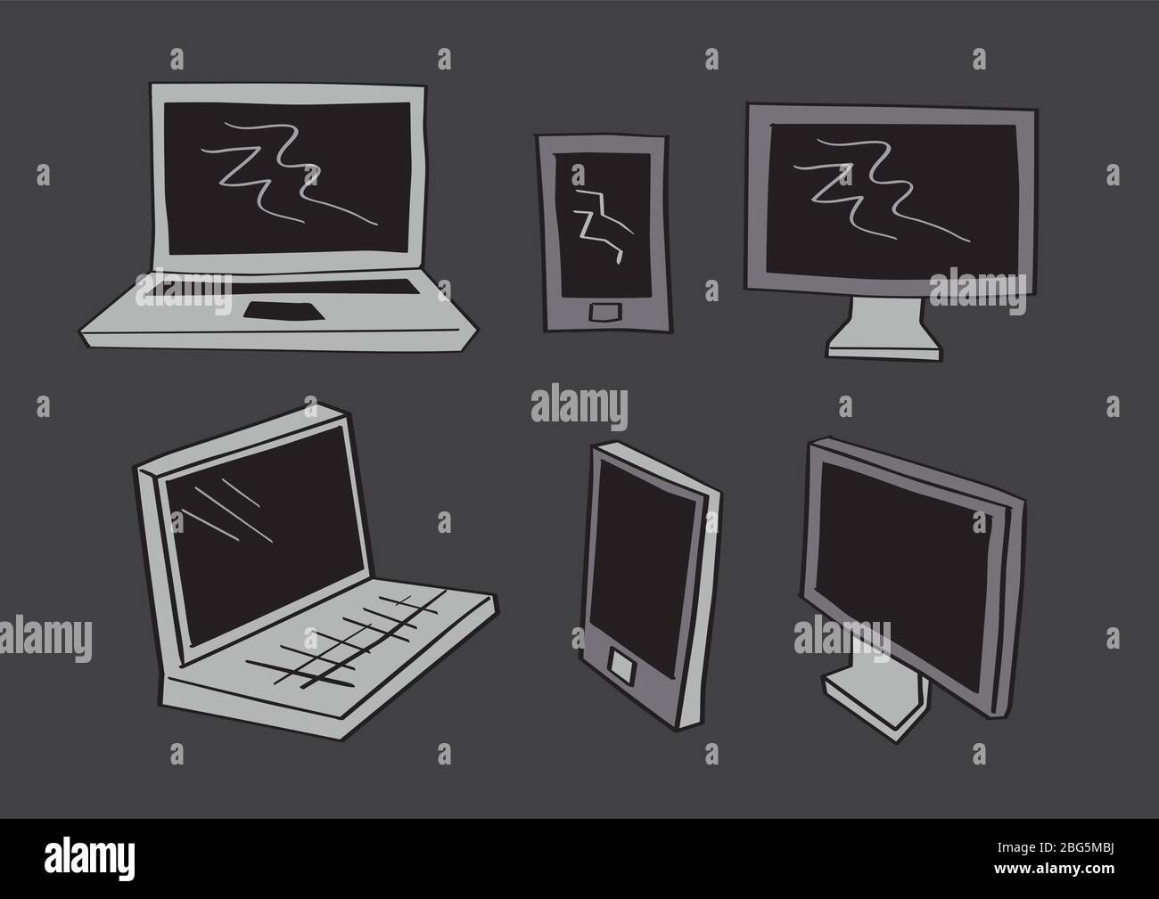 Simple grayscale vector illustration of computer screen, mobile phones