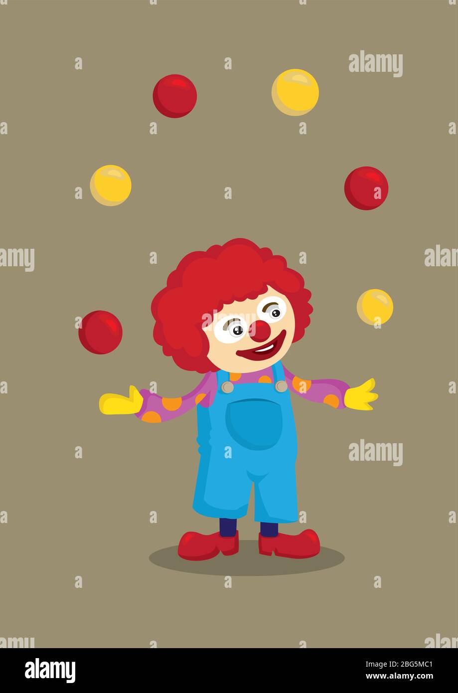 Vector illustration of a cute clown with a wide smile, performing ball ...