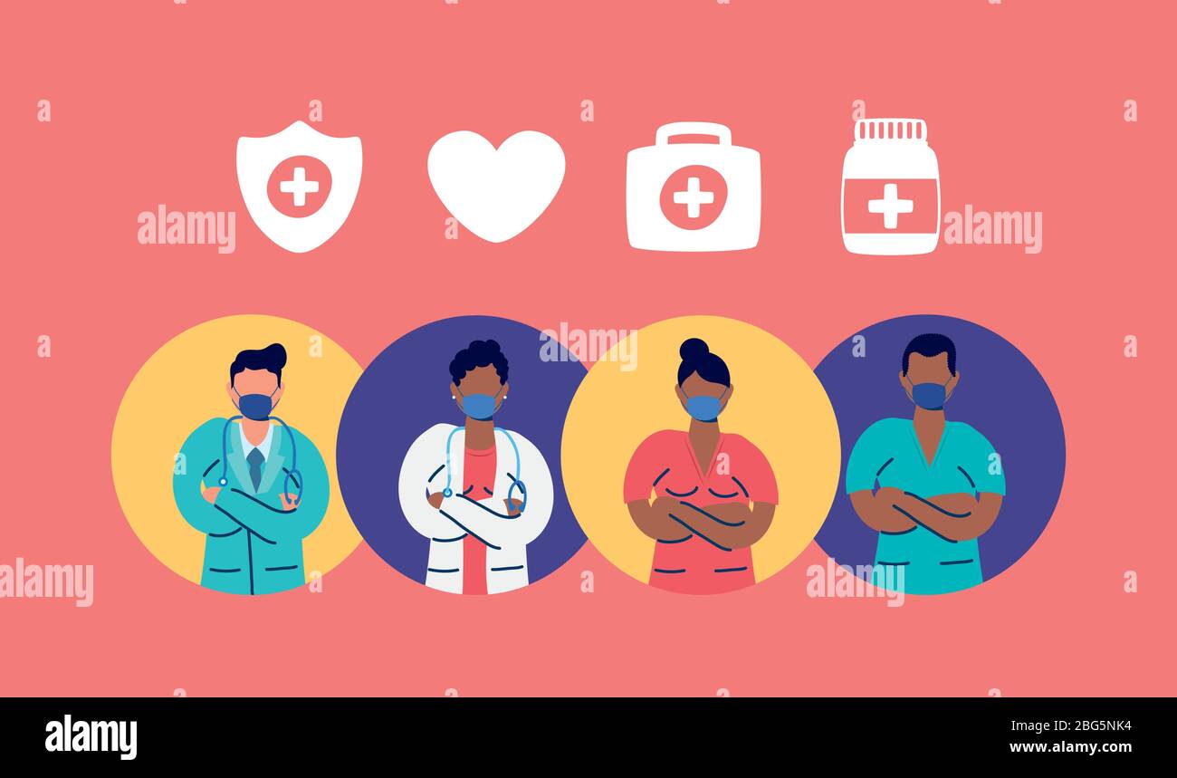 medical staff with face masks and set icons Stock Vector Image & Art ...