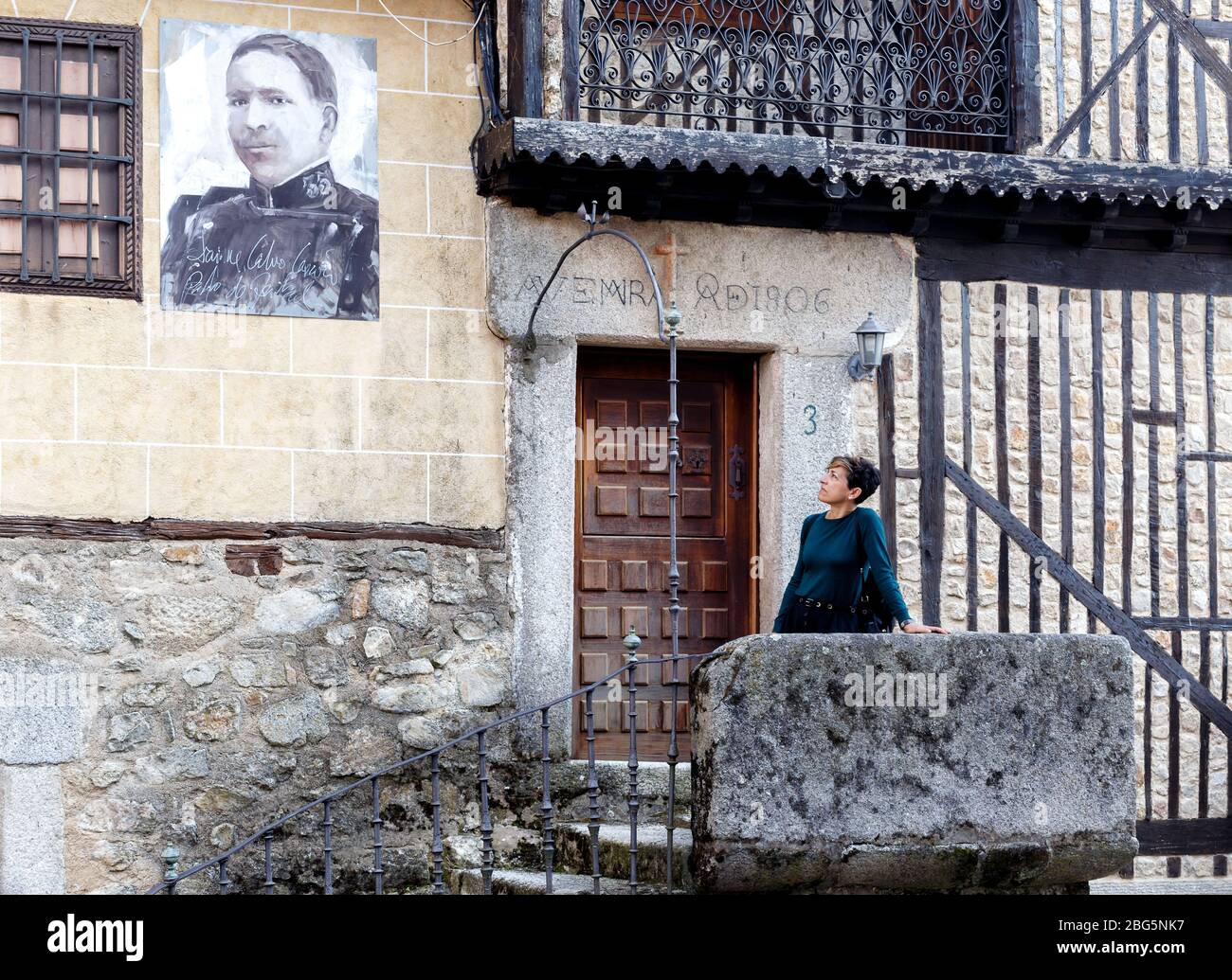 Portraits of Mogarraz. Images of neighbors past and present guard the streets of this charming alpine village. Stock Photo