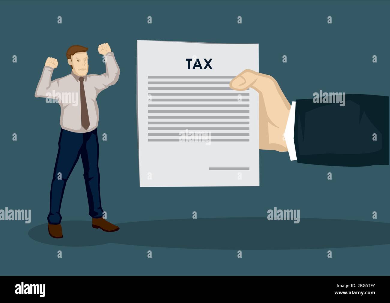 An angry cartoon man and a huge hand, representing tax collector, holding a document with title, Tax. Creative vector illustration on taxation concept Stock Vector