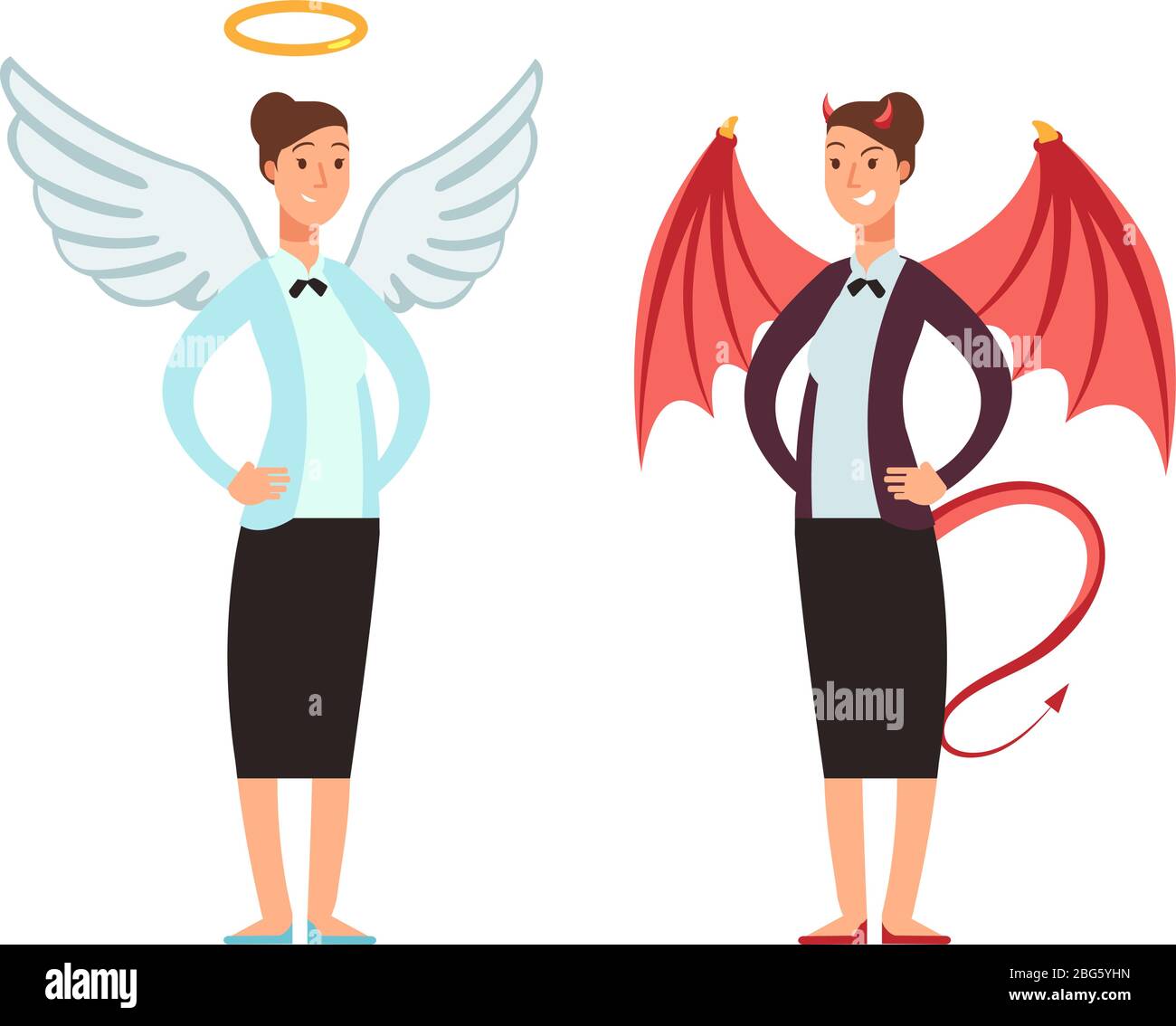 Businesswoman in angel and devil suit. Good and bad woman vector cartoon character. illustration of angel and devil, businesswoman evil demon and ange Stock Vector