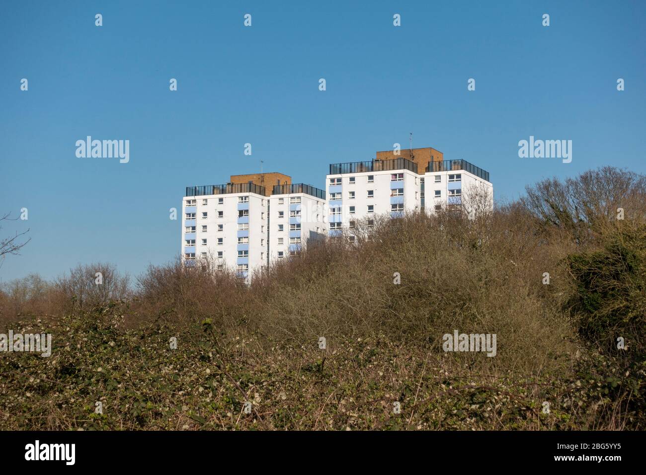 General view towards the towers of Hounslow Heath Estate (Slade House (L) and Jamieson House (R) of Hounslow Heath, London, UK. Stock Photo