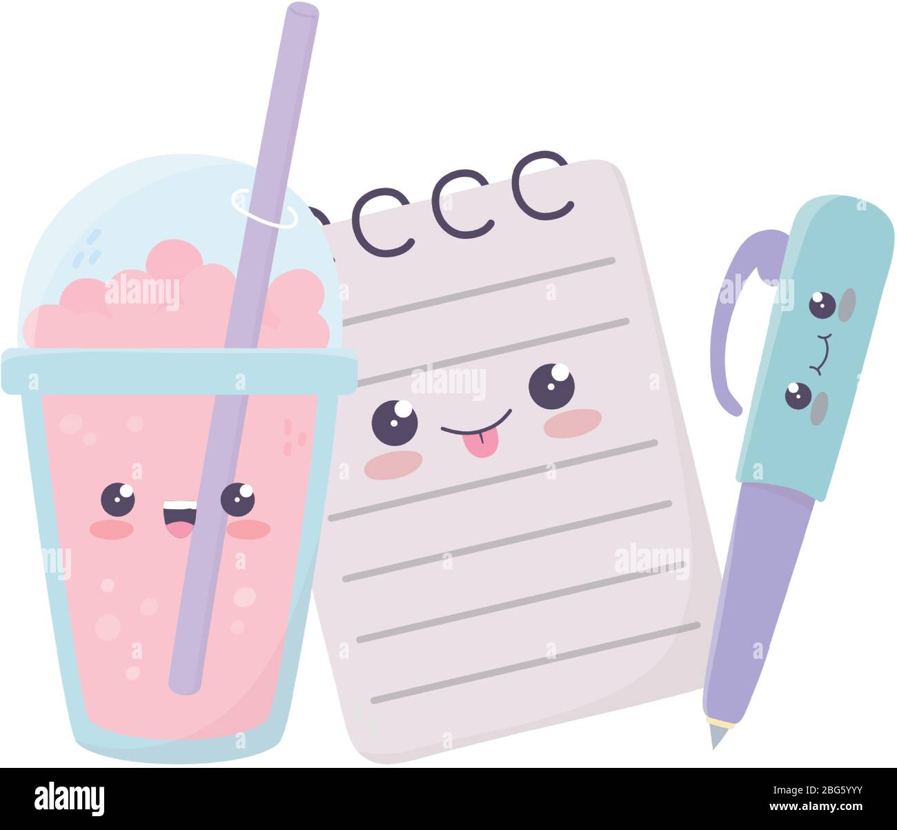 cute notepad pen and milkshake kawaii cartoon character vector illustration Stock Vector Image