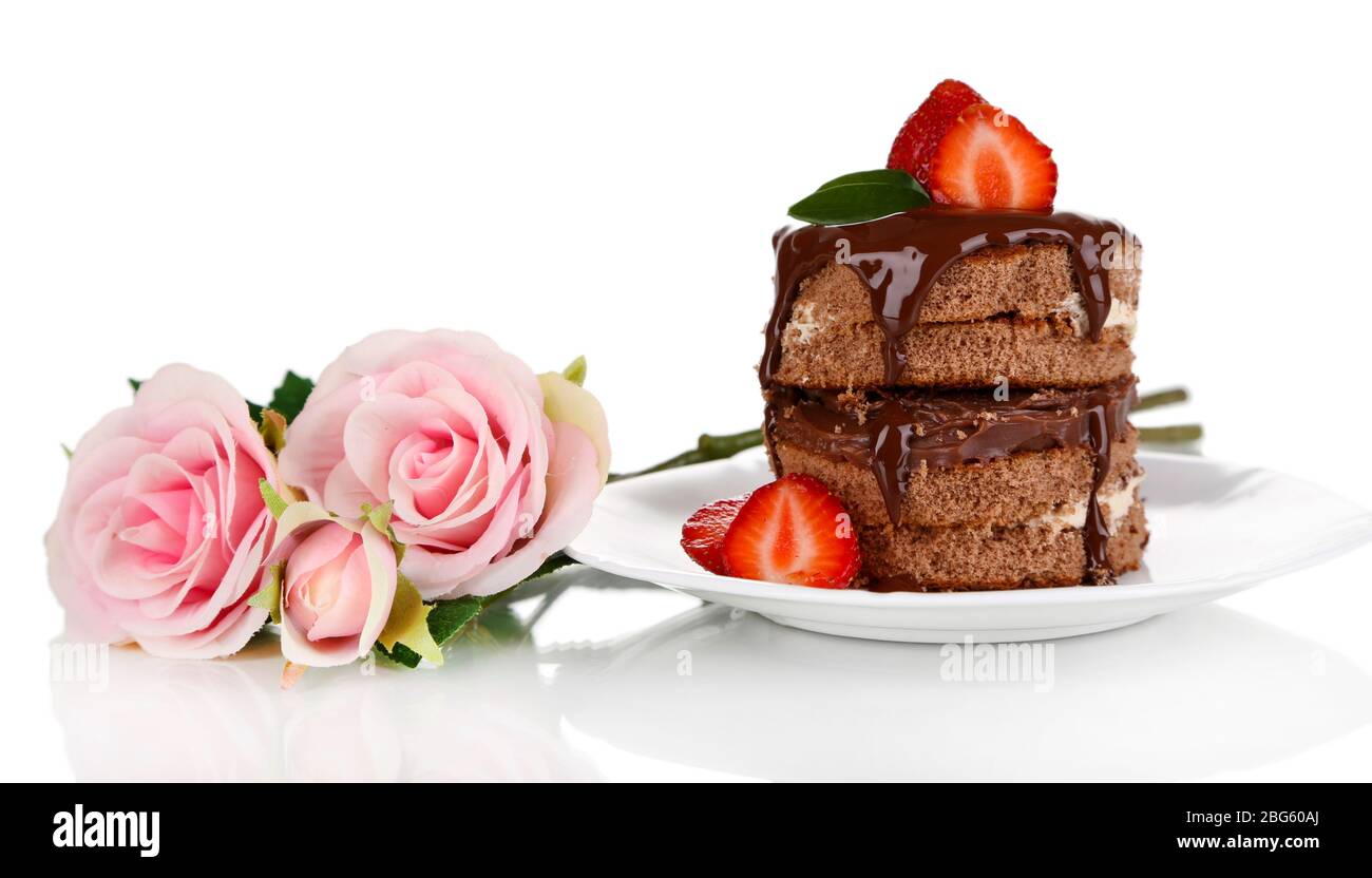 Chocolate cake with strawberry isolated on white Stock Photo - Alamy