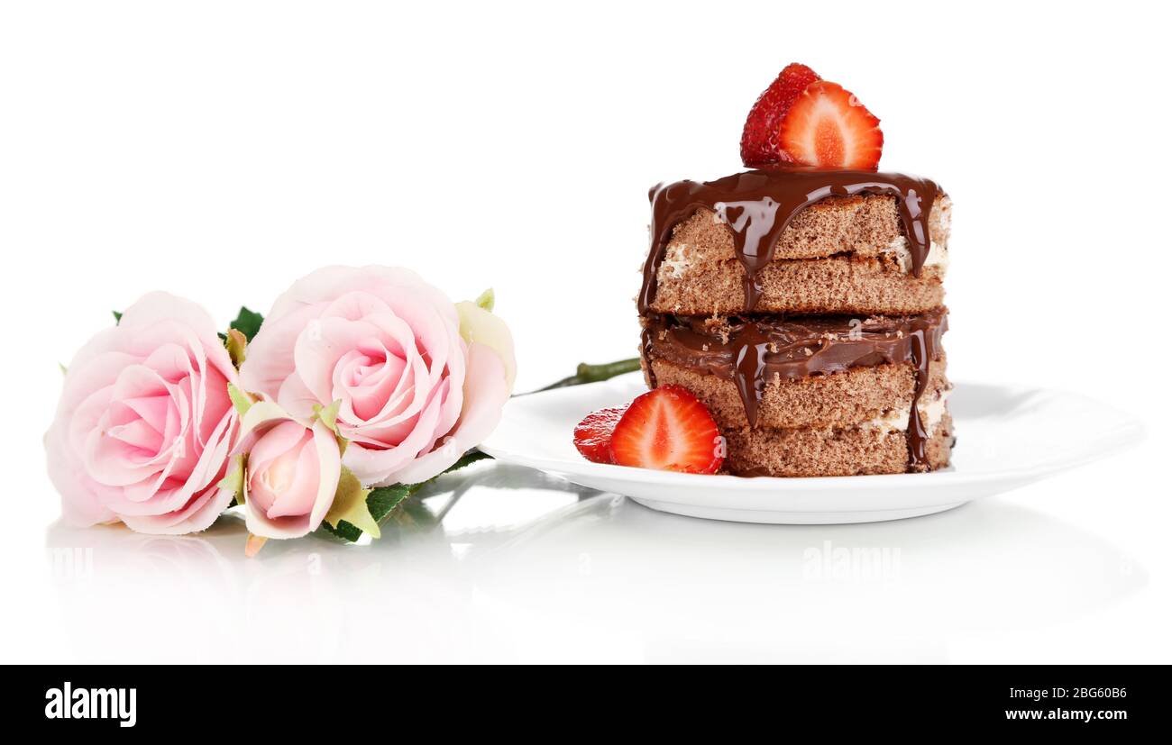 Chocolate cake with strawberry isolated on white Stock Photo - Alamy