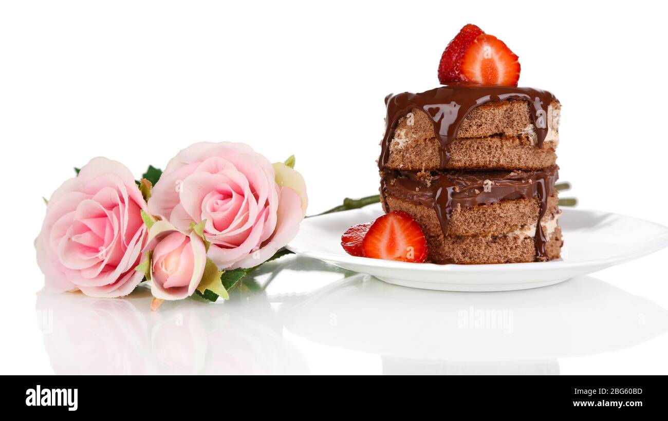 Chocolate cake with strawberry isolated on white Stock Photo - Alamy