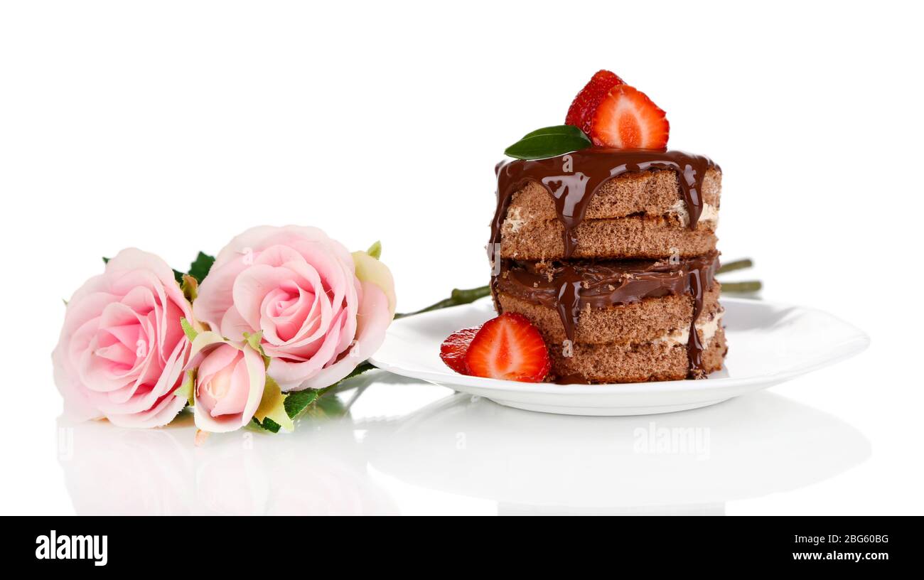 Chocolate cake with strawberry isolated on white Stock Photo - Alamy
