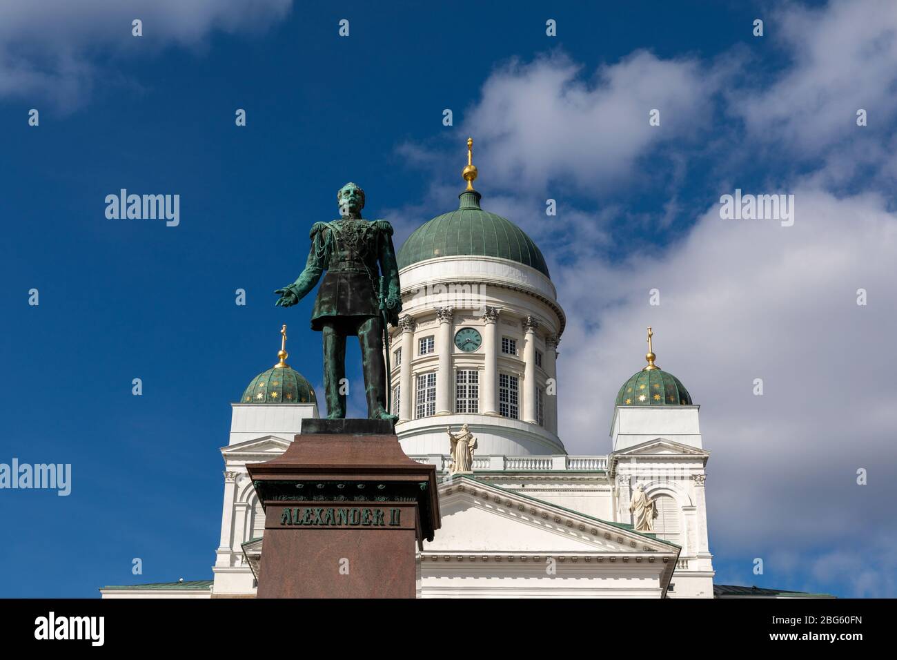 Alexander II of Russia let Finnish people live independently under russian regime. His statue is in front of Helsinki Cathedral. Stock Photo
