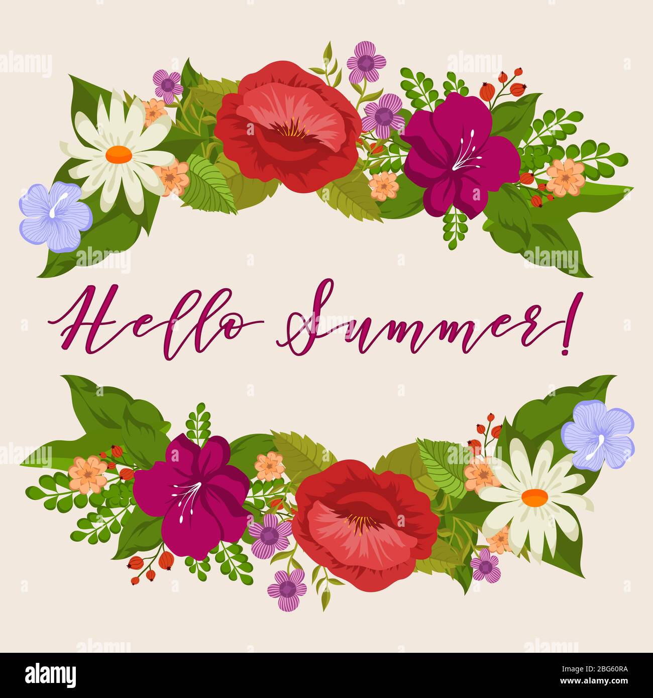 Hello summer background with cartoon colored blossom flowers. Vector ...