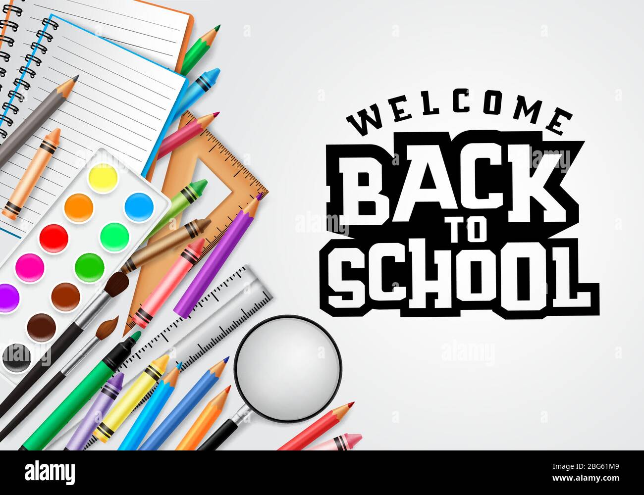 Back to school vector concept banner design. Welcome back to school  greeting text in white background with education elements and school Stock  Vector Image & Art - Alamy
