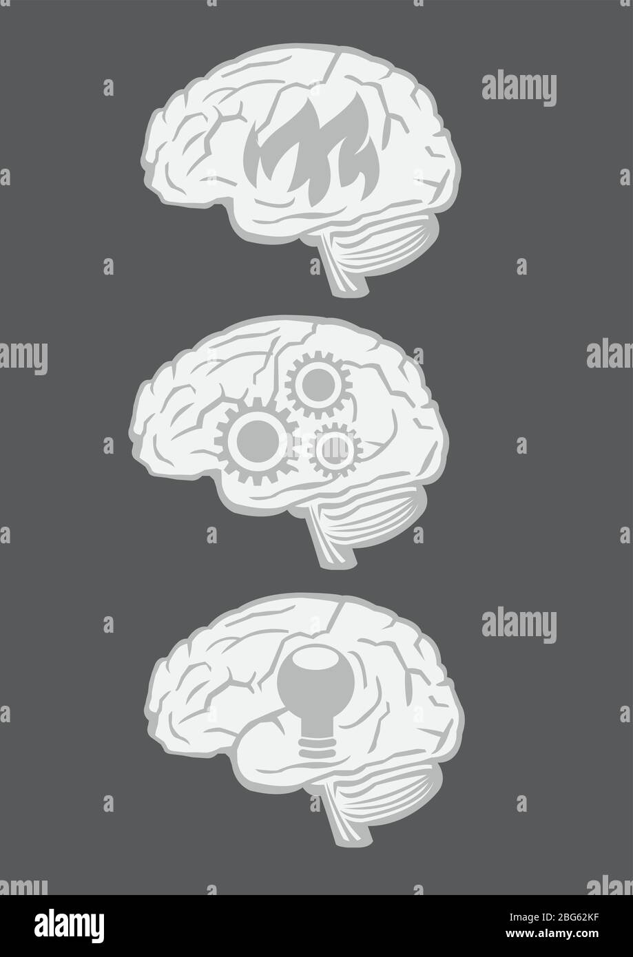 Set of three vector illustration of human brain with conceptual symbols isolated on black background Stock Vector